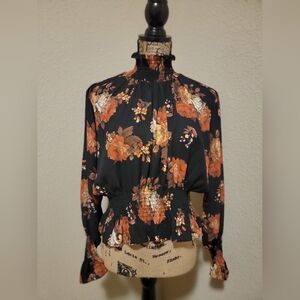 (NWT) Shinestar Black and Orange Floral Blouse